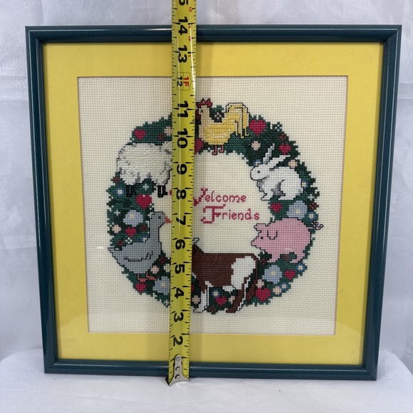 Vtg. Professionally Framed Sunset Counted Cross Stitch Barnyard Animals Wreath - Picture 5 of 6